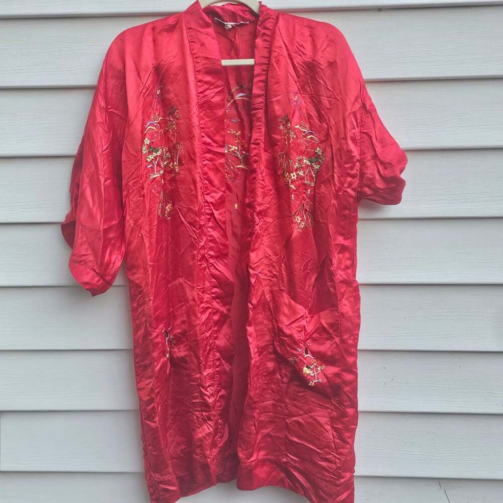 Vintage Peacock 100% Pure Silk Red Embroidered Chinese Kimono Robe M